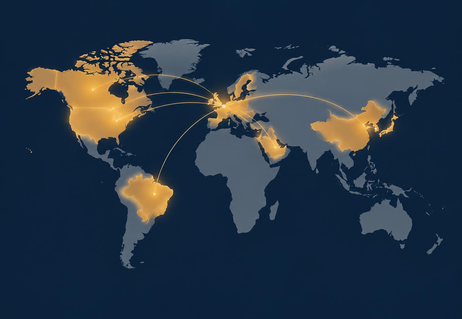 World map highlighting the regions Aurevant Capital works with